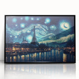 Large abstract wall art depicting a Parisian scene in muted grays and blues on a framed acrylic.