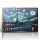 Art deco poster of Paris skyline in muted gold tones on framed acrylic, ideal for modern art wall decor in a nursery.