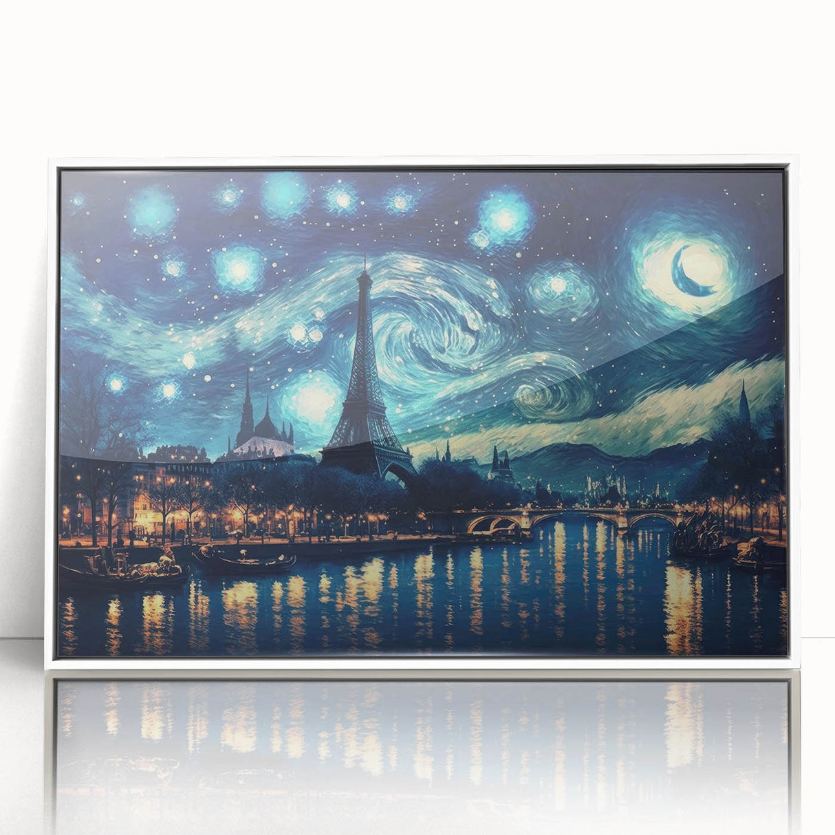 Mid-century modernist art of Paris skyline in muted gray, acrylic print framed in white, ideal for nursery wall art.