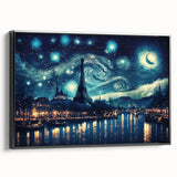 Black and white wall art of Paris landscape, framed canvas in vintage poster style, ideal for bedroom decor.