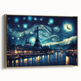 Framed canvas depicting a vintage Paris landscape in black and gold tones, ideal for bedroom wall art.