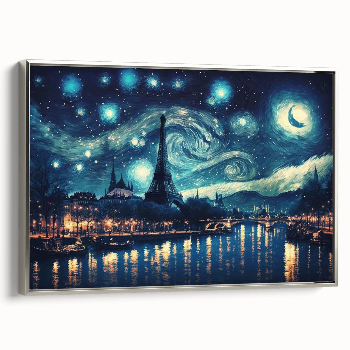 Framed canvas landscape art of Paris with a vintage poster style, featuring a black and colorful art palette.