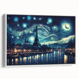 Vintage poster art of a Parisian scene in vibrant colors on a large framed canvas, suitable for living room decor.