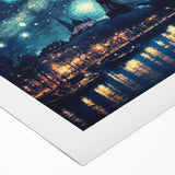 Art deco poster featuring a serene Parisian street scene in muted pastel colors on rolled canvas.