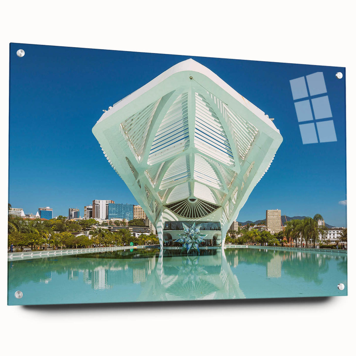 Large abstract wall art depicting a vibrant Brazilian landscape on acrylic glass, suitable for bedroom or dining room decor.