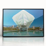 Large abstract wall art featuring a colorful Brazilian landscape in mid-century modernist style on framed acrylic.