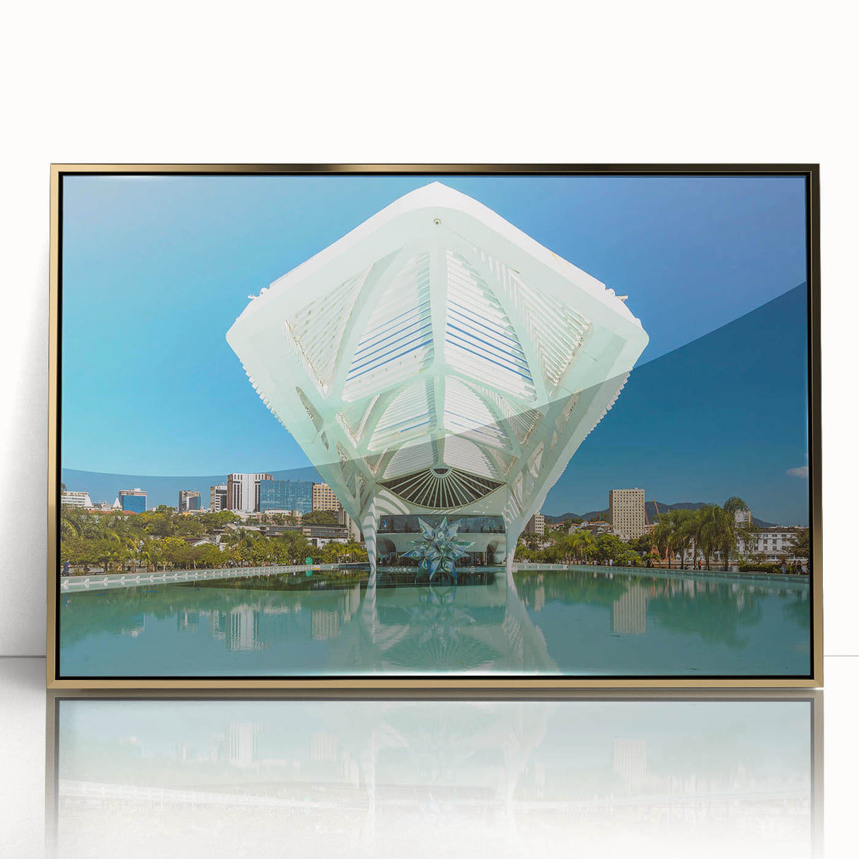 Framed acrylic print of a South American landscape in gold tones, ideal for modern art wall decor.
