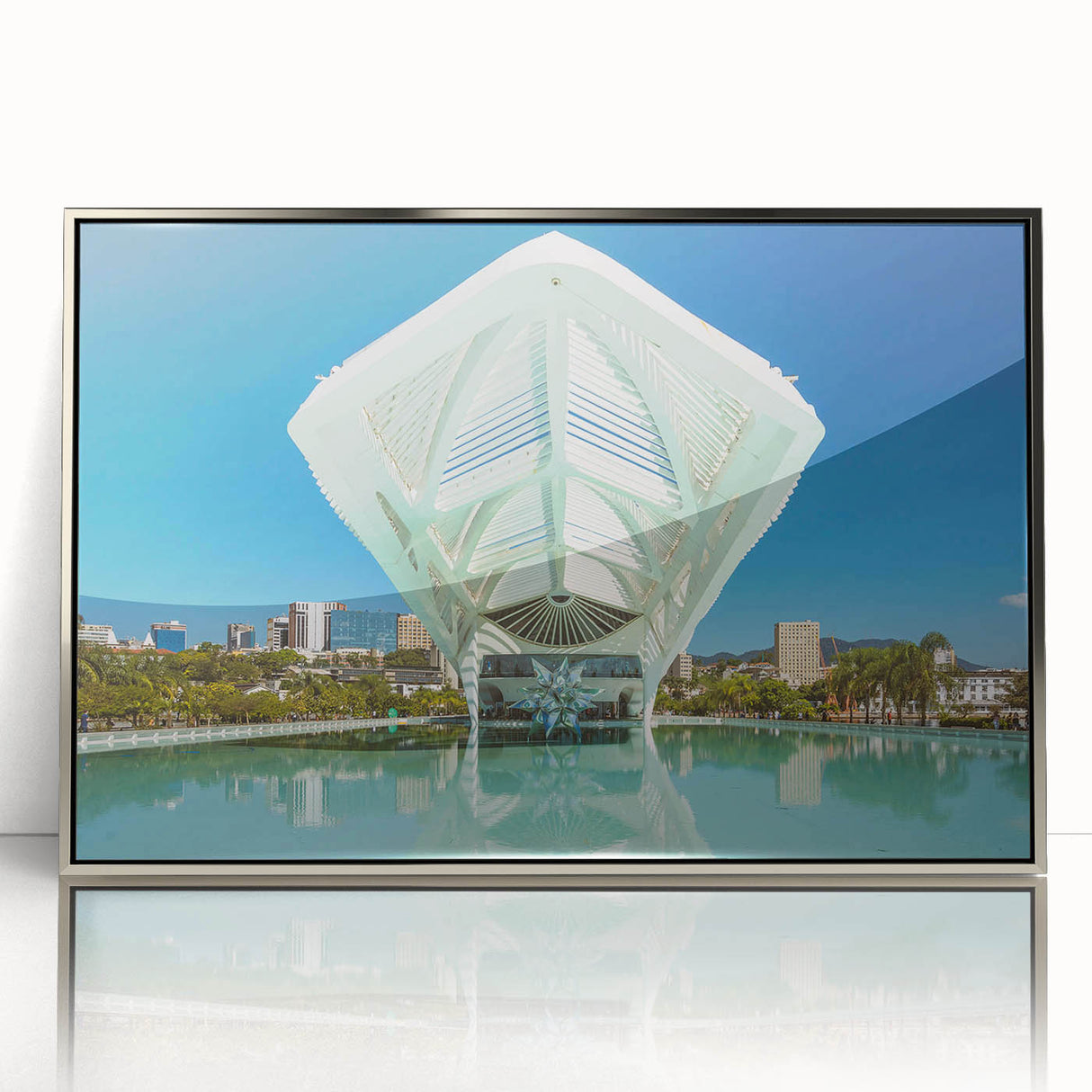 Mid-century modernist art depicting a vibrant and colorful Brazilian landscape on a silver-framed acrylic print.