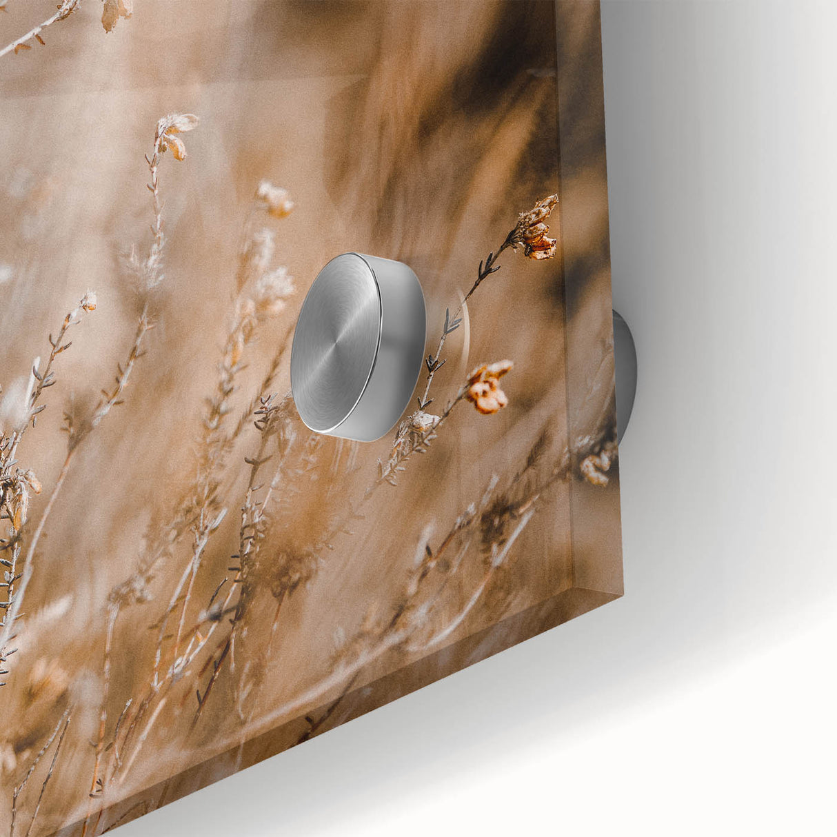 Large abstract wall art in autumnal colors on acrylic glass, ideal for dining room art in a mid-century modernist style.