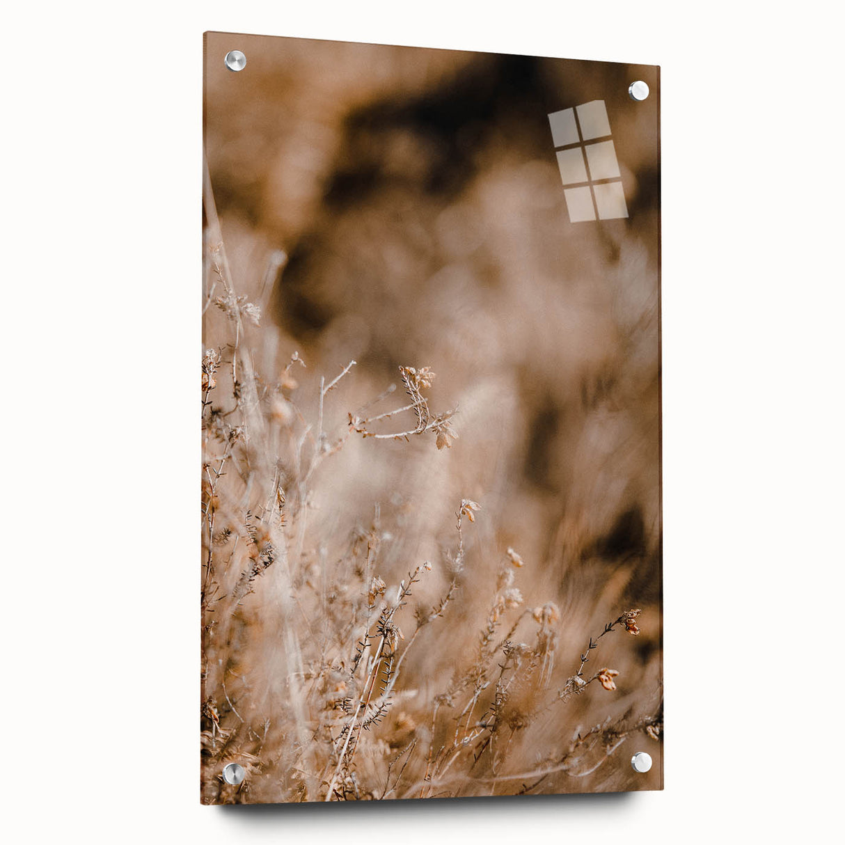 Large abstract wall art on acrylic glass depicting swirling autumn colors, ideal for bedroom or dining room decor.