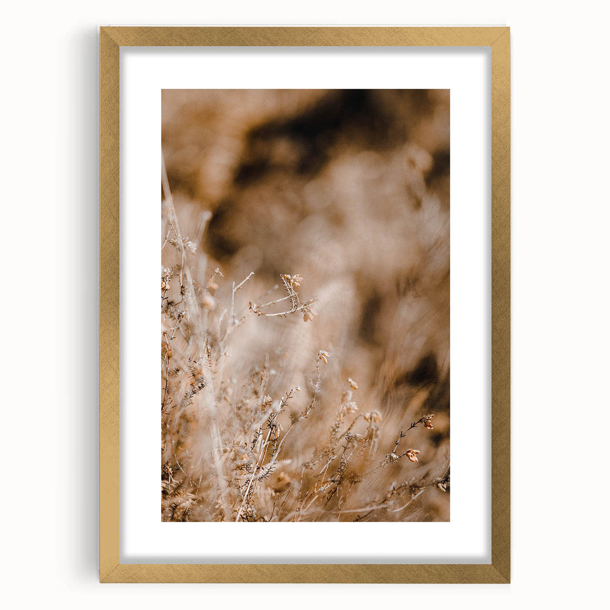 Extra large abstract art print featuring textured autumnal hues on a gold-framed canvas, ideal for living room decor.