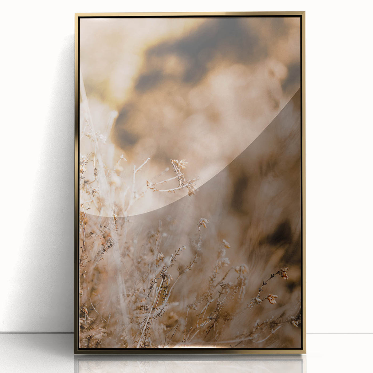 Mid-century modernist art depicting fall seasons in gold and orange tones, framed acrylic, ideal for nursery wall art.