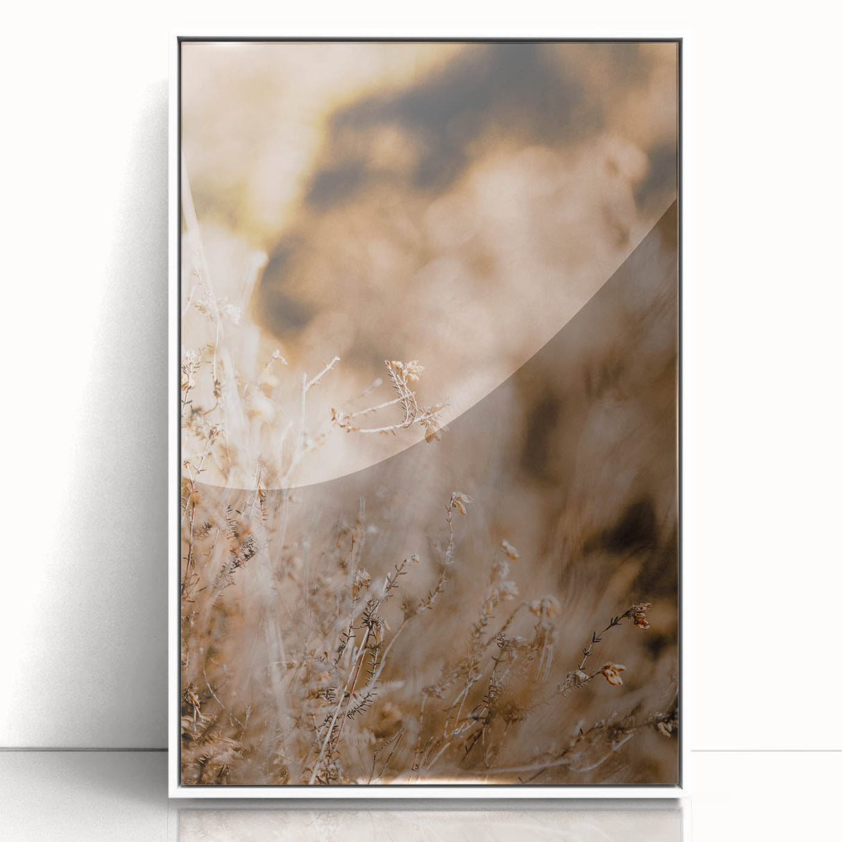 Art deco poster of fall trees in orange and yellow hues, acrylic print in a white frame.