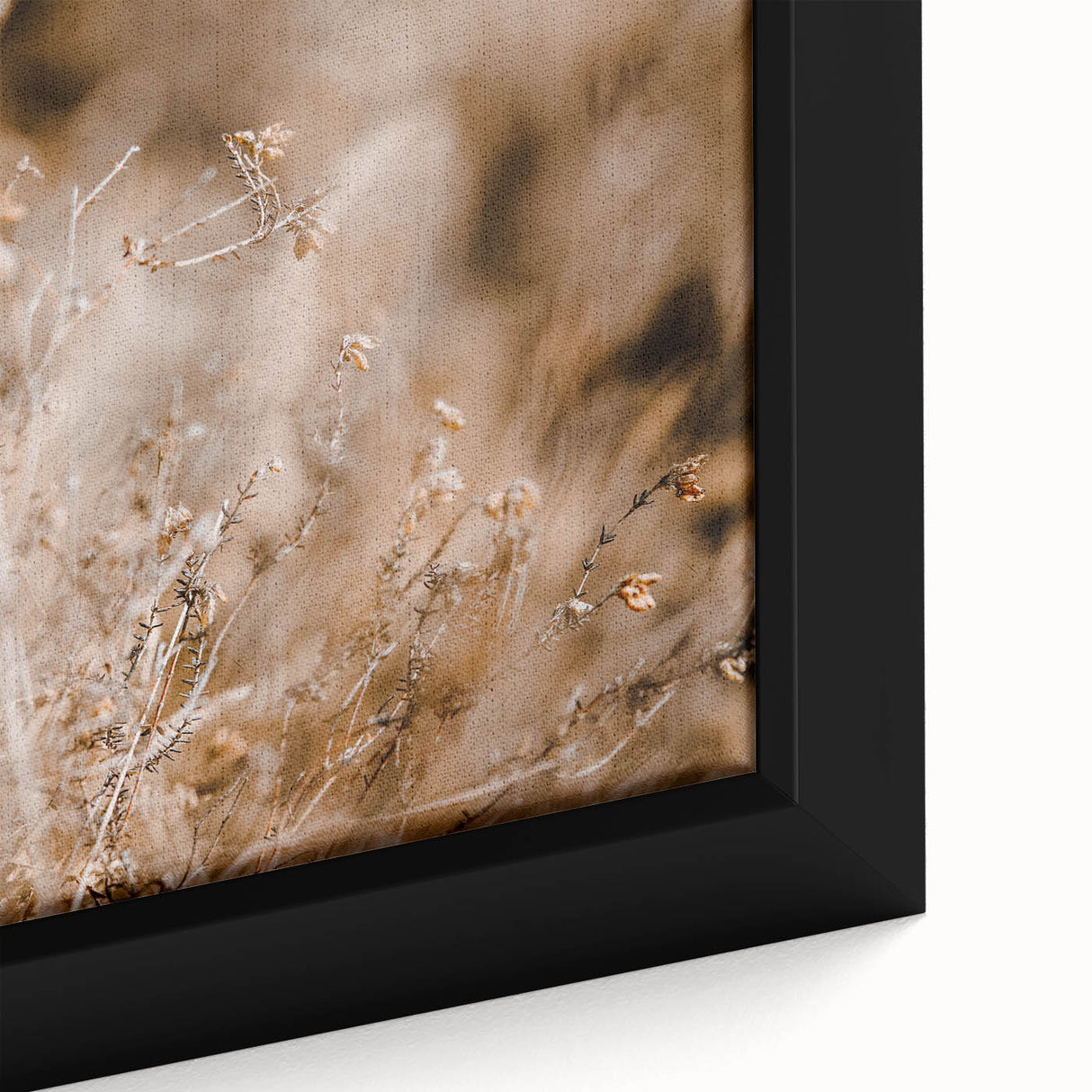 Extra large framed canvas depicting a textured, colorful abstract scene in black with autumnal shades.