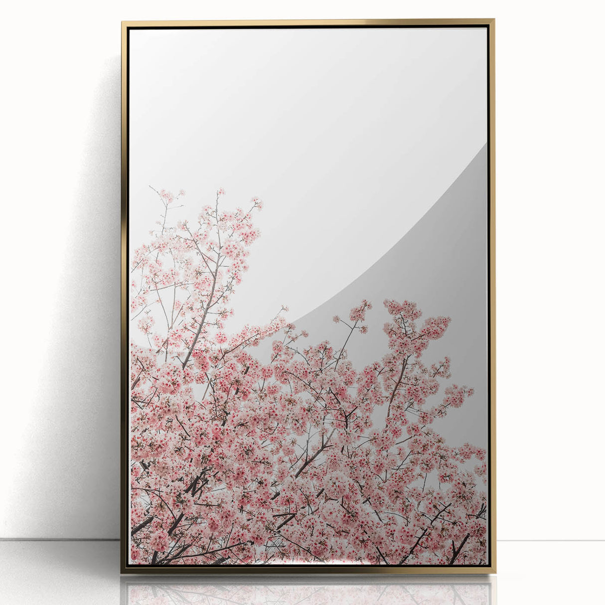 Large art print of a mid-century modernist spring scene in vibrant greens and golds, acrylic framed.