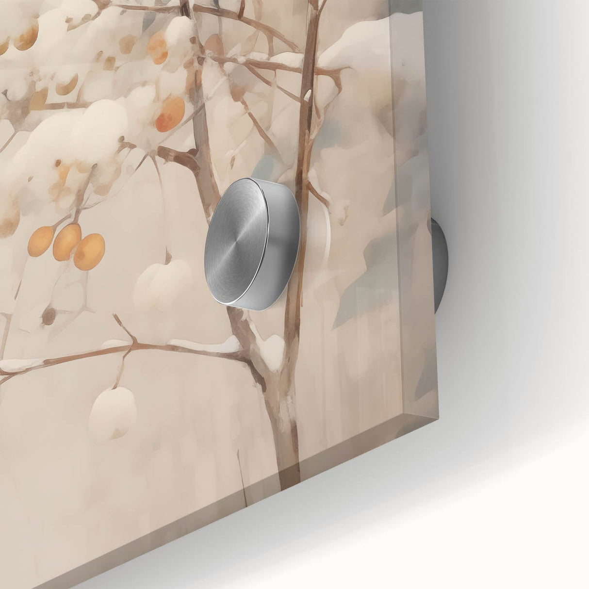 Large abstract wall art in cool blue and white tones on acrylic glass, perfect for dining room ambiance.