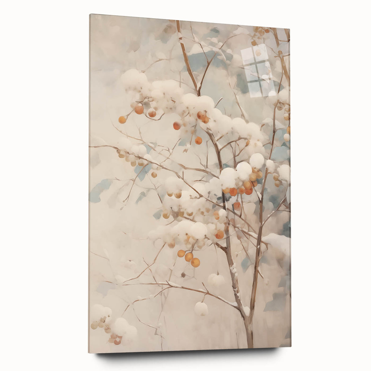 Large abstract wall art on acrylic glass depicting winter-themed swirls in cool blue and white tones.