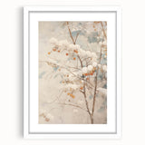 Abstract art print depicting a winter scene in muted blue and white tones on a framed canvas, ideal for dining room decor.