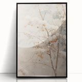 Large abstract wall art depicting a winter scene in muted blue and white tones, framed in black acrylic.