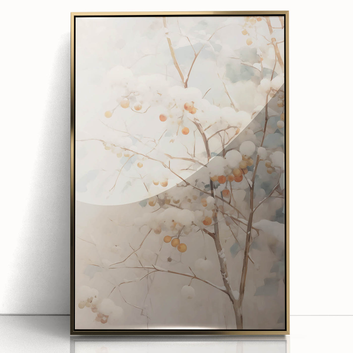 Winter scene with muted blue and white tones on a framed acrylic print, suitable for modern nursery wall art.
