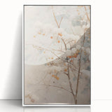 Art deco poster featuring a winter landscape in muted blue and white tones, framed acrylic, ideal for nursery wall art.