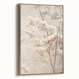 Winter landscape painting on framed canvas, featuring snow-covered trees in black and gold tones.