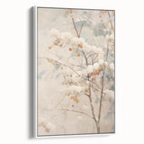 Vintage poster art depicting a winter scene in muted blues and whites on a framed canvas, ideal for living room decor.