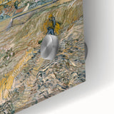 Mid-century modernist abstract design in vibrant blues and yellows on acrylic glass, suitable for dining room art.