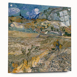 Large abstract wall art on acrylic glass depicting swirling blue and yellow patterns.