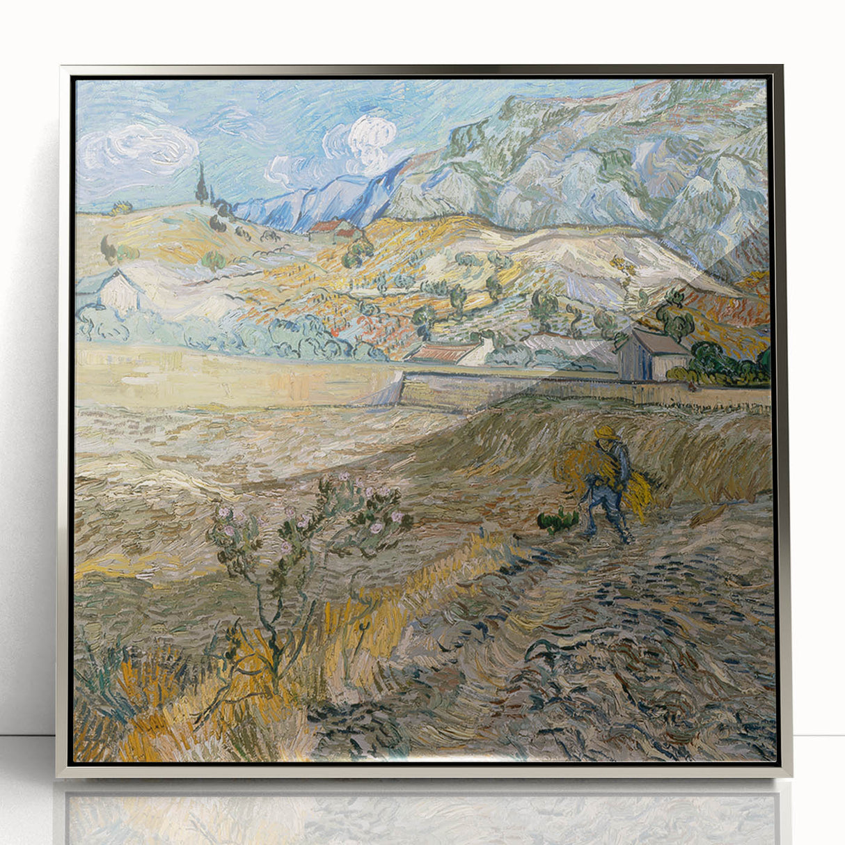 Large art print of Van Gogh's painting in silver frame, featuring vibrant colors, ideal for nursery wall art.