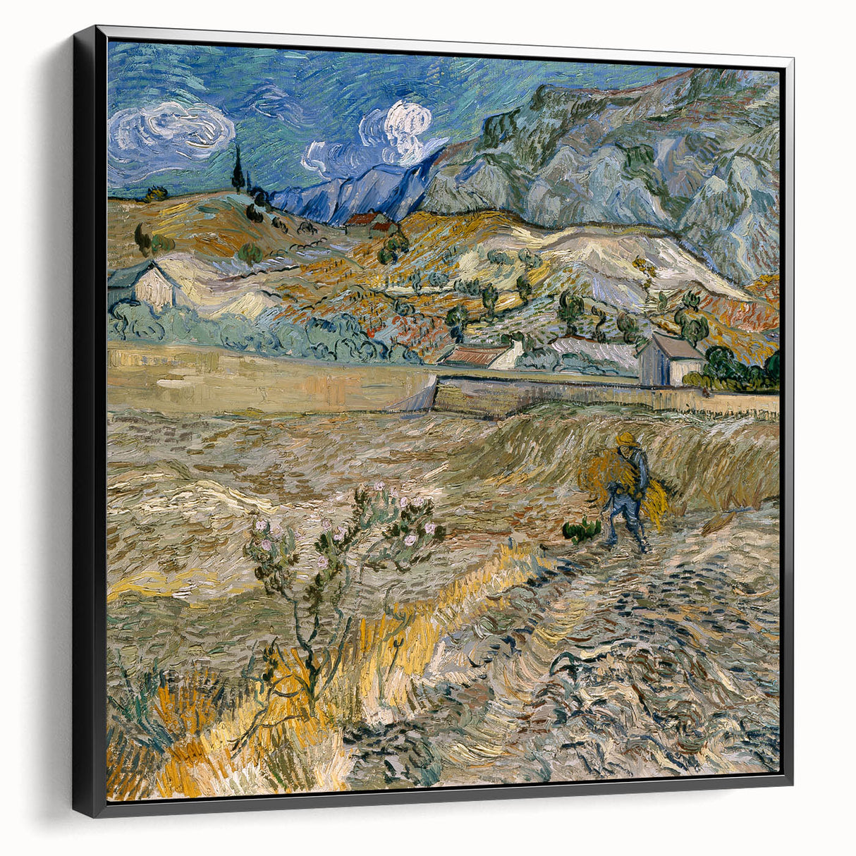 Black and white vintage poster art on framed canvas featuring a landscape painting, suitable for bedroom decor.