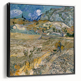 Black and white vintage poster art on framed canvas featuring a landscape painting, suitable for bedroom decor.