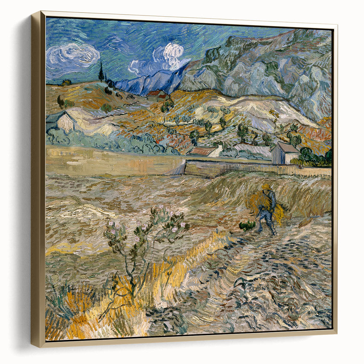 Framed canvas featuring a vintage-style landscape painting with muted gold and silver tones, ideal for bedroom wall art.