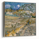 Landscape art painting featuring a Van Gogh-inspired scene on a silver-framed canvas, with vibrant color palette.