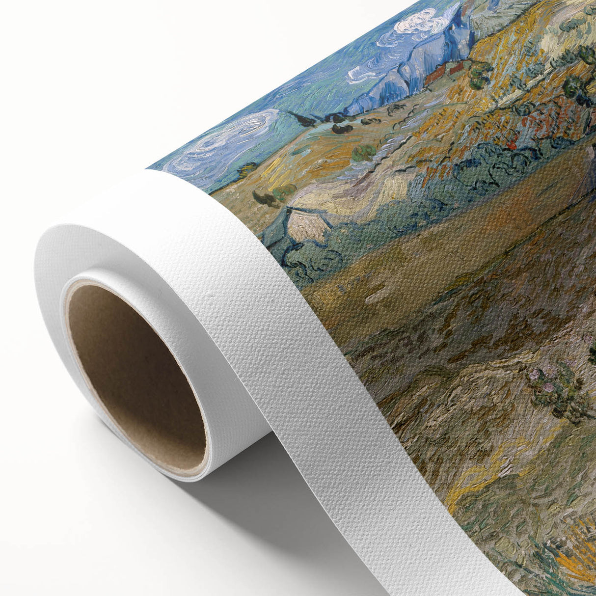 Art deco style poster of Van Gogh's Starry Night on rolled canvas, using vibrant blue and yellow tones.