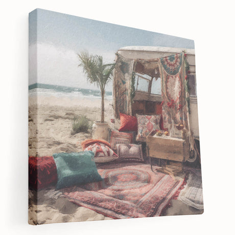 Side view of a vintage caravan in muted pastel colors on a stretched canvas, suitable for kitchen wall art.