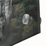 Close-up of an acrylic glass artwork depicting a serene landscape with a castle, showcasing vibrant colors and intricate details, perfect for home decor.