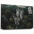 Acrylic glass artwork depicting a stunning castle landscape, showcased from a side view with decorative pins, featuring vibrant colors and intricate details, perfect for home decor.