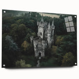 Acrylic glass artwork depicting a stunning castle landscape, showcased from a side view with decorative pins, featuring vibrant colors and intricate details, perfect for home decor.
