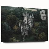 Side view of a stunning acrylic glass landscape artwork depicting a majestic castle surrounded by lush greenery, showcasing vibrant colors and intricate details, perfect for home decor.