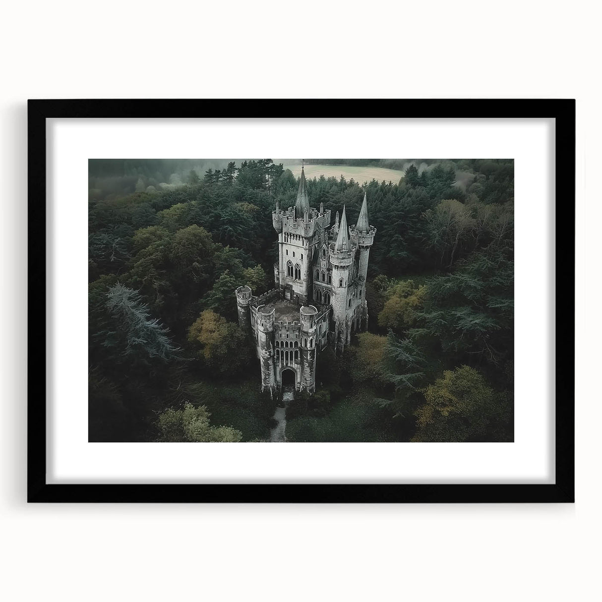 Black-framed landscape artwork featuring a medieval castle surrounded by lush greenery, elegantly matted for a sophisticated presentation. Perfect for enhancing home decor.