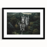 Black-framed landscape artwork featuring a medieval castle surrounded by lush greenery, elegantly matted for a sophisticated presentation. Perfect for enhancing home decor.