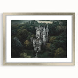 Elegant silver-framed landscape artwork showcasing a picturesque castle scene, complete with a white mat for added depth, ideal for home decor enthusiasts.