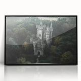 Framed acrylic artwork of a majestic castle landscape, showcasing rich colors and intricate details, set against a black frame for a modern aesthetic.