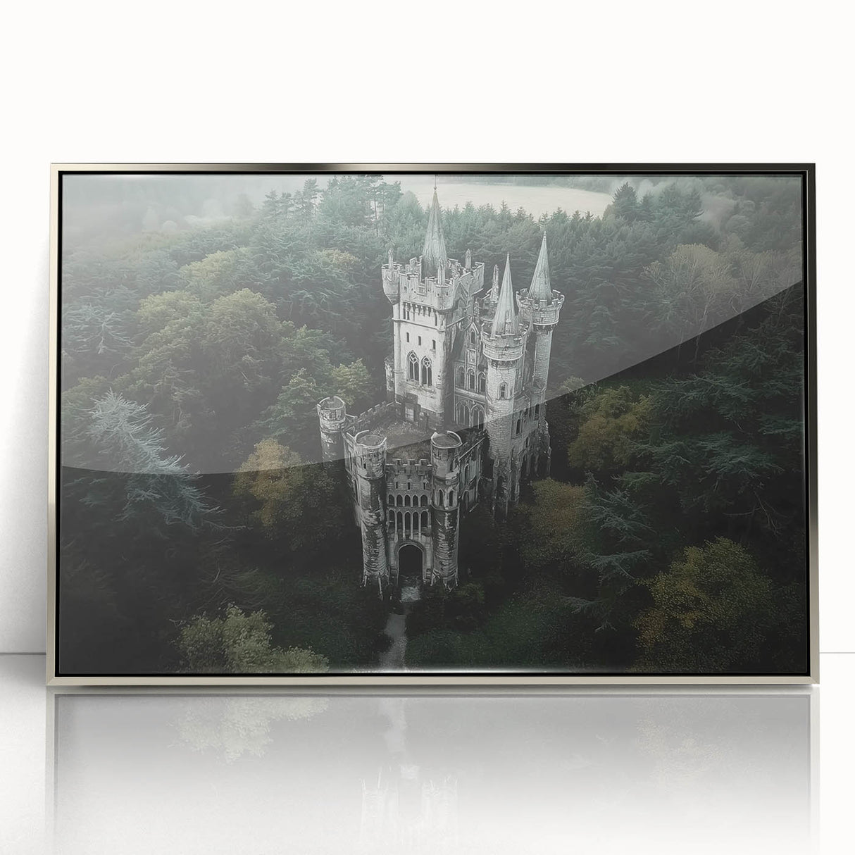 Framed acrylic artwork showcasing a stunning landscape with a castle, featuring vibrant colors and intricate details, perfect for home decor or office settings.