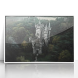 Framed acrylic artwork depicting a scenic landscape with a majestic castle, featuring vibrant colors and a sleek white frame, ideal for home decor.