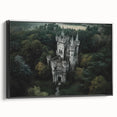 Framed canvas artwork depicting a majestic castle landscape in vivid colors, presented in a sleek black frame, ideal for home decor and interior design enhancement.