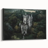 Framed canvas artwork depicting a majestic castle landscape in vivid colors, presented in a sleek black frame, ideal for home decor and interior design enhancement.