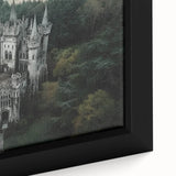 Close-up of a beautifully framed canvas depicting a serene landscape with a majestic castle, showcasing vibrant colors and intricate details, perfect for home decor.