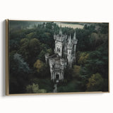 Framed canvas artwork depicting a scenic landscape with a majestic castle, featuring a gold frame and side view, perfect for home decor and art enthusiasts.